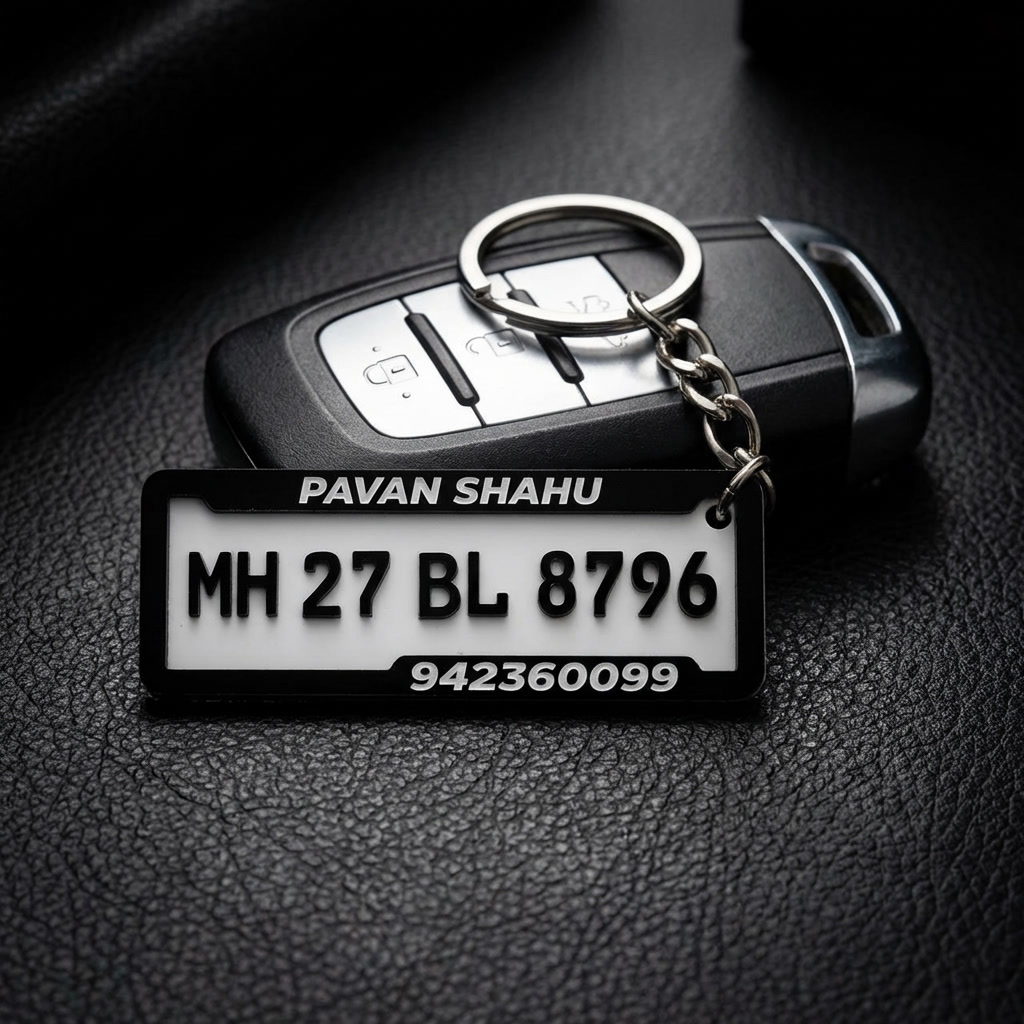 Custom 4D Mini Number Plate Keychain – 3 line Personalized Name & Vehicle Number Keyring
