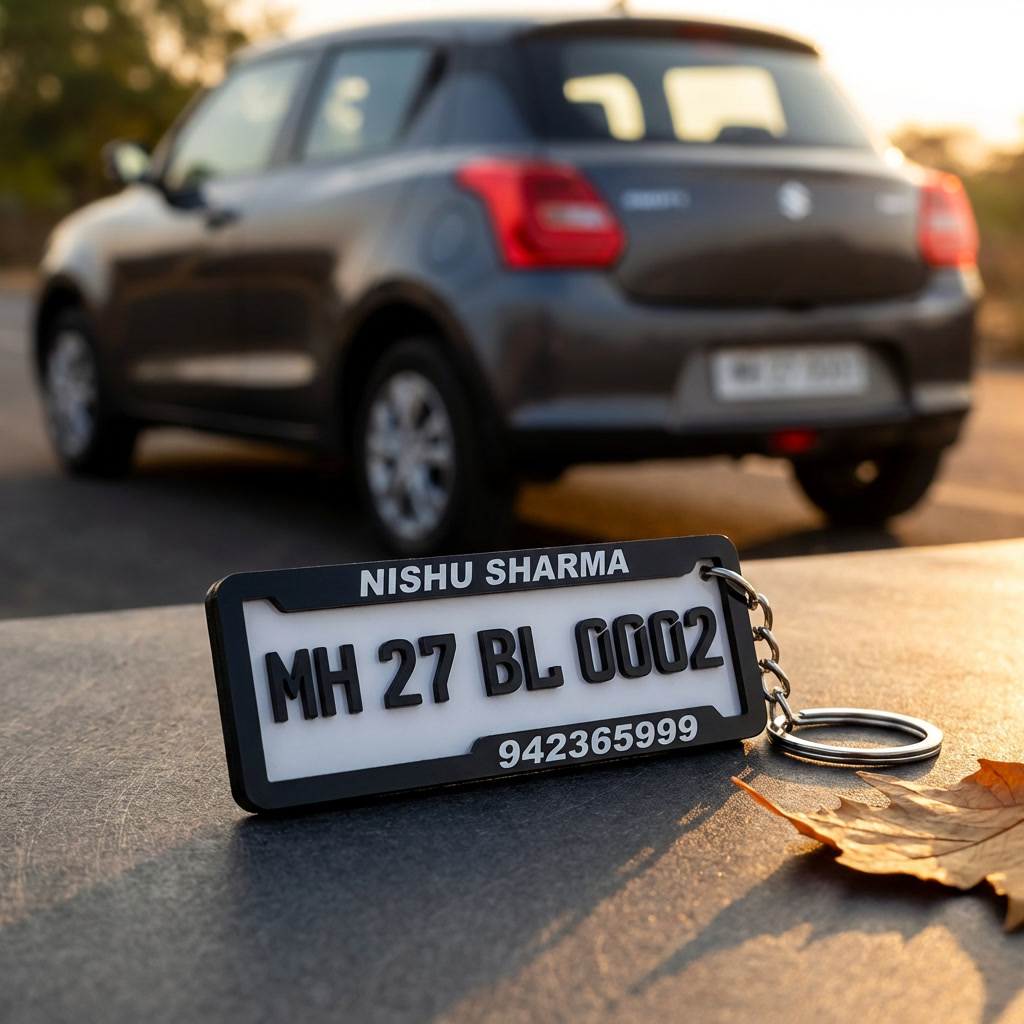Custom 4D Mini Number Plate Keychain – 3 line Personalized Name & Vehicle Number Keyring - Image 3